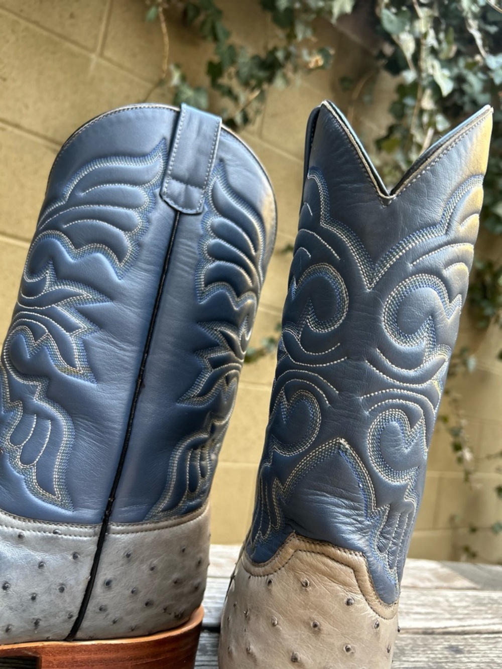 Handmade Gray Ostrich & Blue Square Toe Cowboy Boots Size 10D - Picture 7 of 15